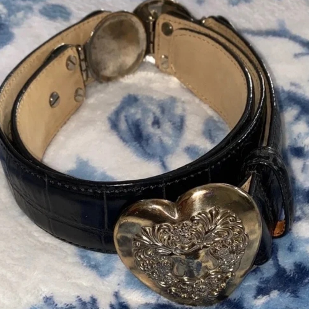 Brighton Vintage Leather Crocodile Embossed Silvertone Heart Buckle Sz M EUC